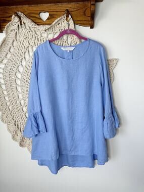 Crown Linen Designs Blue Tunic Flared Sleeve Top Size XL